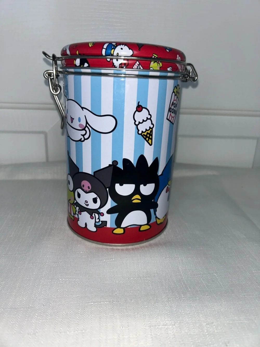Hello Kitty & Friends Red Blue & White Striped Character Round Storage Tin